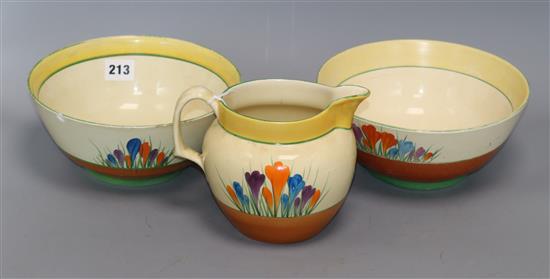 A Clarice Cliff crocus pattern jug and two Clarice Cliff bowls Diameter of largest 21cm